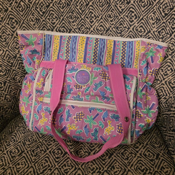 Rare Vtg 90s Roma Baby Diaper Bag Tote Pink Purple Pastel Giraffe Palm Trees - Picture 1 of 4